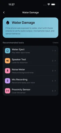 Water Eject water damage test scenario checklist